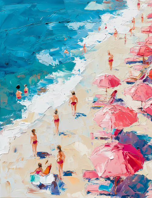 Right Pink Umbrellas Beach Scene Giclee 36x48