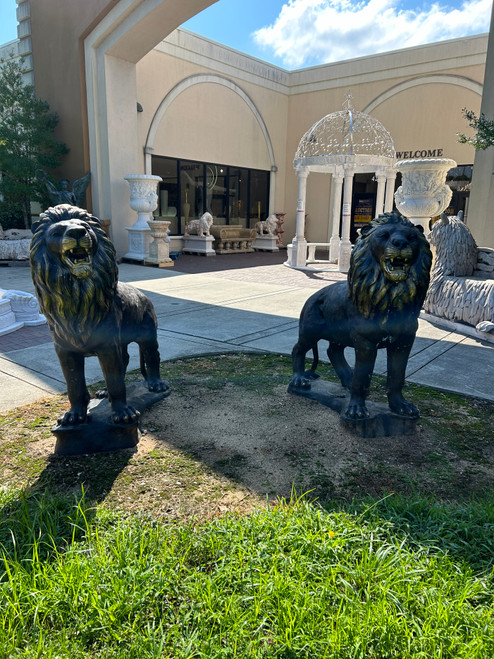 Set of 2 Bronze Lions Standing on Rock