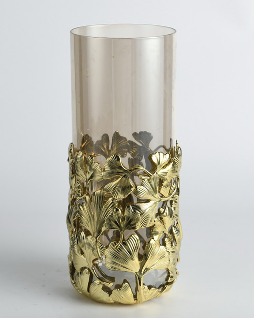 Golden Vine Glass Vase with Ginkgo Leaf Detail
