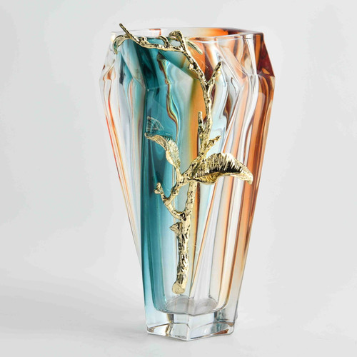 Sunset Prism Glass Vase with Gold Vine Accent