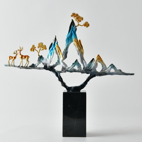 Golden Horizon Mountain and Deer Sculpture