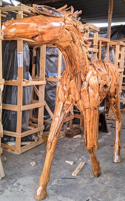 Walking Teak Horse Sculpture