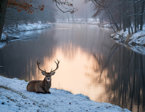 Stag on a Snow Capped Lake Giclee