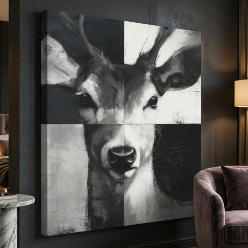 Stag Portrait Black and White Squares Giclee