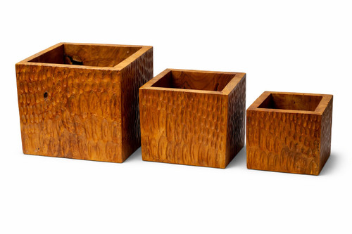 Hand Carved Teak Square Planter Set of 3
