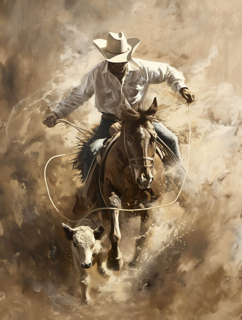 Cowboy Lassoing a Cow Giclee