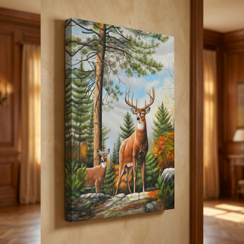 Woodland Stag and Doe Deers in the Forest Giclee