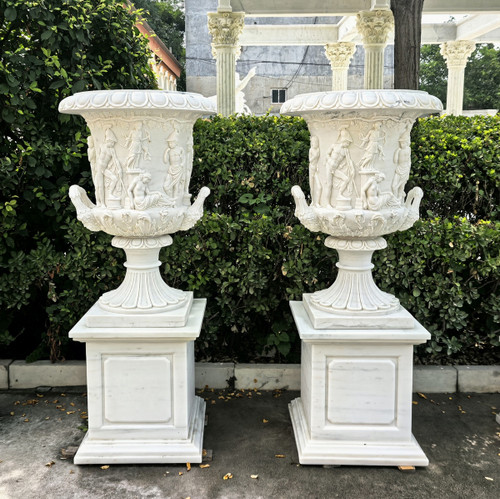 White Marble Pair of Carved Urns H63*D29.5 Inches Ge21489 Vendor Image