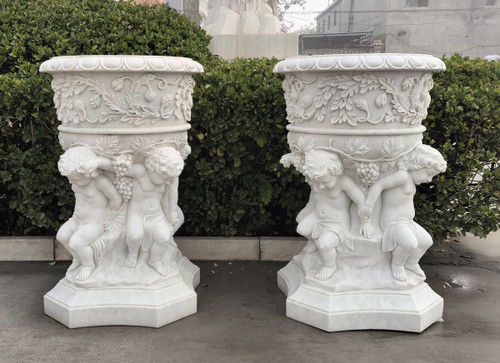 White Marble Pair of Cherub Urns H47.3*D31.5 Inches Ge21491 Vendor Image