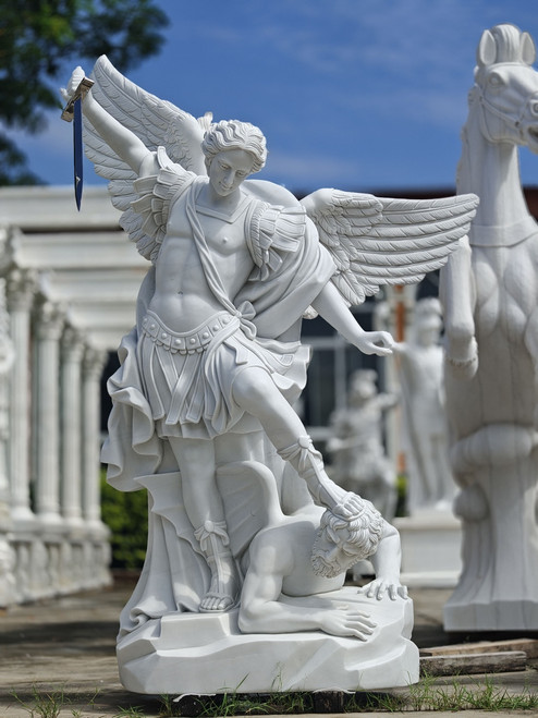 White Marble Michael Archangel Statue H74.8 Inches Ge21518 Vendor Image