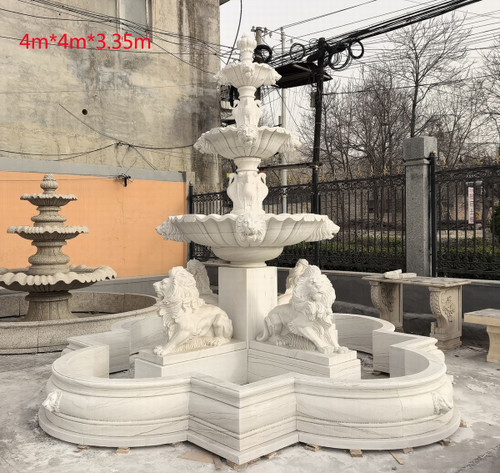 White Marble with Gray Accents Clover Lion Sculpture Fountain H132*D158 Inches Ge21526 Vendor Image