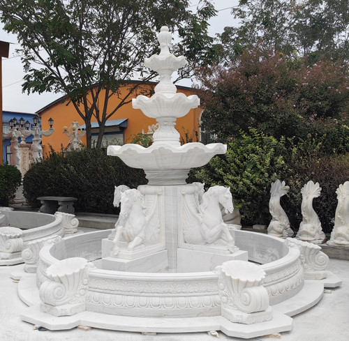 White Marble with Gray Accents Horse Fountain with Planters H118*D158 Inches Ge21527 Vendor Image