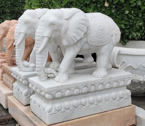 White Marble Pair of Elephant Sculptures H23.6 Inches Ge21532 Vendor Image