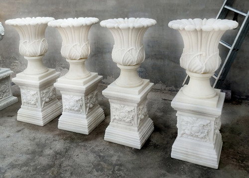 White Marble Pair of Garden Flower Urns on Stand H44*D19.7 Inches Ge21534 Vendor Image