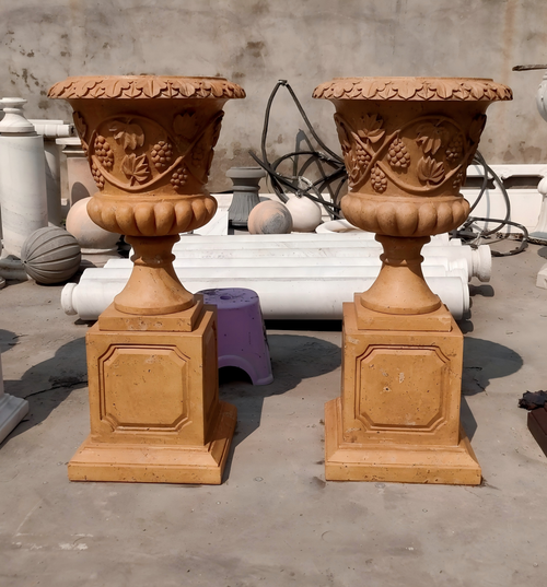 Golden Marble Pair of Garden Flower Urns on Stand H41.3*D19.7 Inches Ge21536 Vendor Image