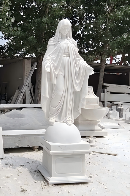 White Marble Virgin Mary Sculpture H70.9 Inches Stand:H16.5 Inches Ge21555 Vendor Image