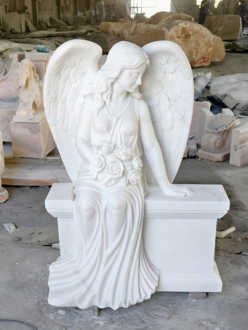 White Marble Memorial Angel Bench 39 Inches High Vendor Image
