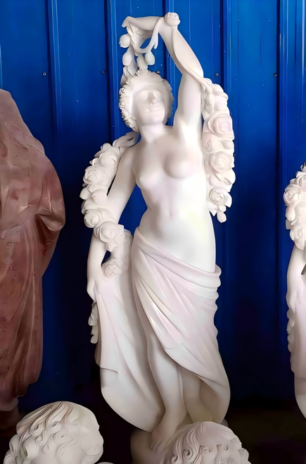 White Marble Classical Draped Female Statue 59 Inches High Vendor Image