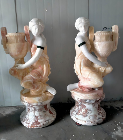 Pair of Multi Colored Marble Classical Lady With Urn on Base 47 Inches High Vendor Image