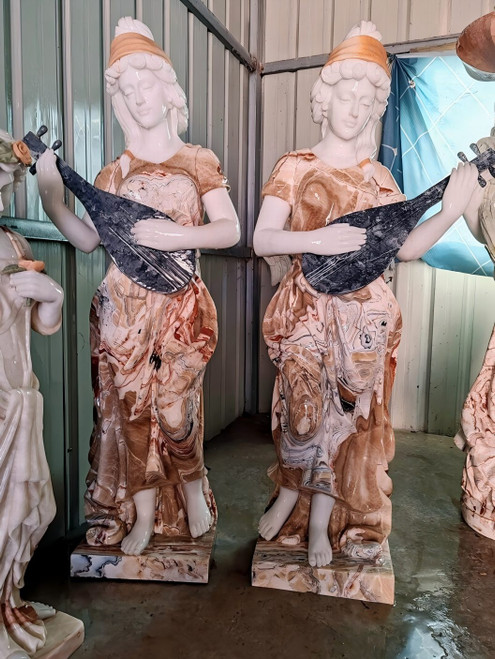Pair Multi Colored Marble Ladies Playing Instruments 63 Inches High Vendor Image