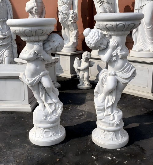 GE21634 Pair White Marble Cherubs with Urns 47 Inches High Vendor Image