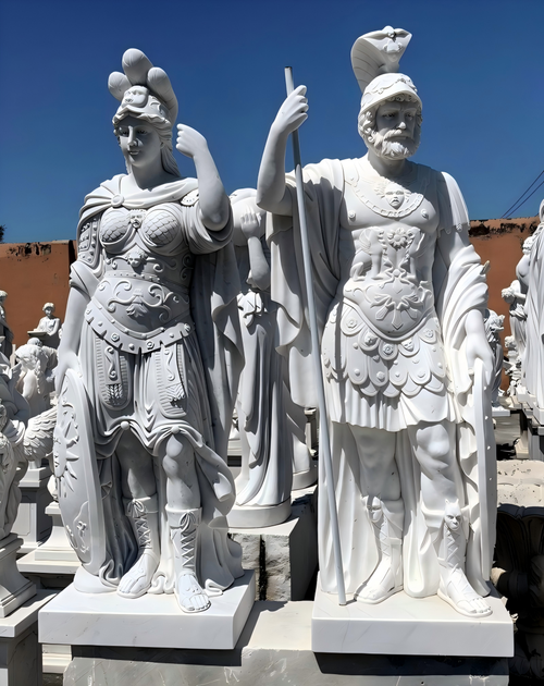 Pair of White Marble Roman Warriors 87 Inches High Vendor Image