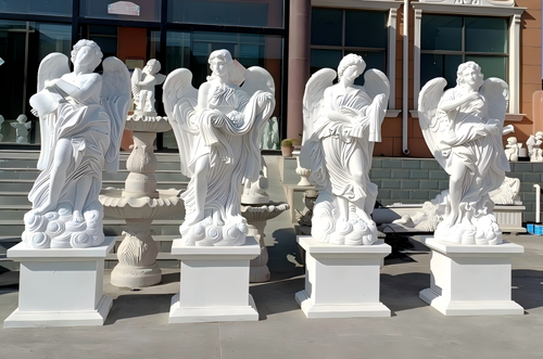 Set of 4 White Marble Angels on Bases 98 Inches High Vendor Image