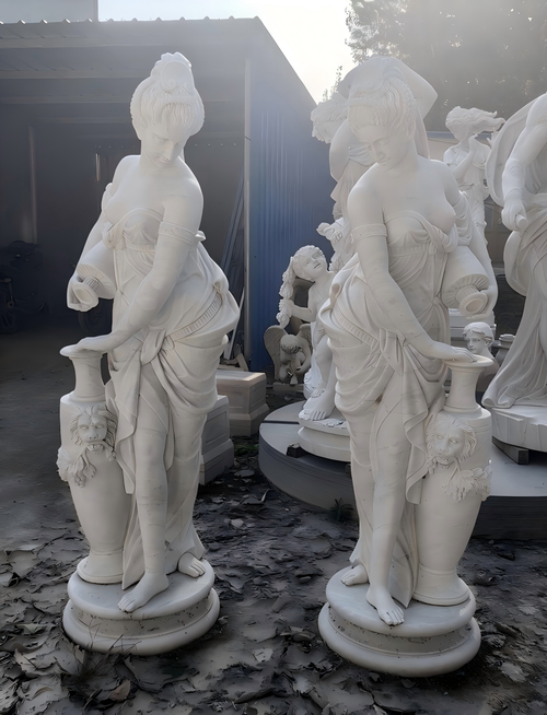 Pair of White Marble Classical Ladies with Vases 69 Inches High Vendor Image