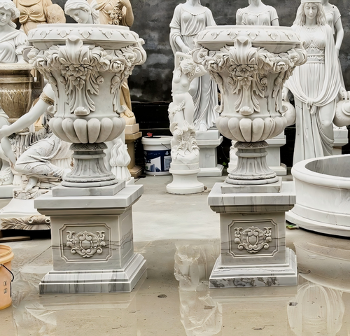 Pair of White and Grey Marble Urns on Base 75 Inches High Vendor Image