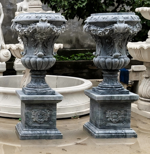Pair of Dark Grey Marble Urns on Base 75 Inches High Vendor Image