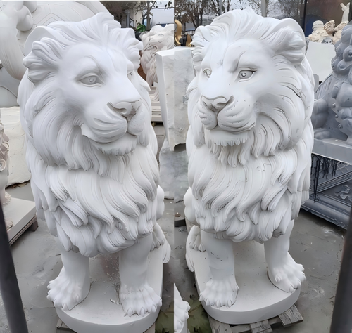 Pair White Marble Sitting Lions 47 Inches High Vendor Image