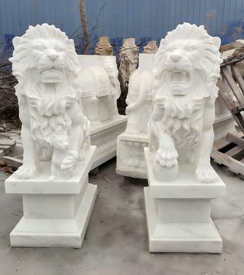 Pair White Marble Lions 39 Inches High GE21577 Vendor Image