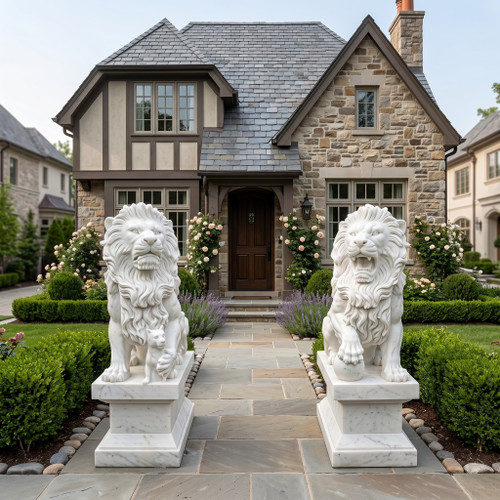 Pair White Marble Lions 39 Inches High GE21577