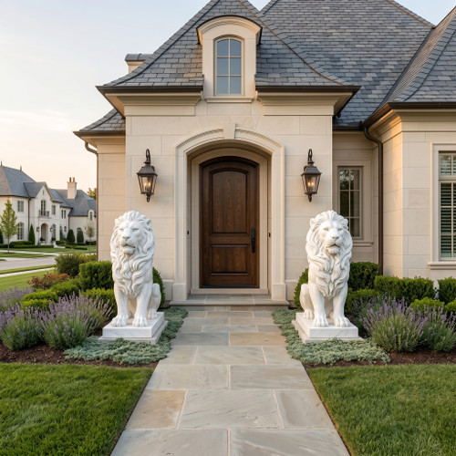 Pair White Marble Sitting Lions 35 Inches H GE21580