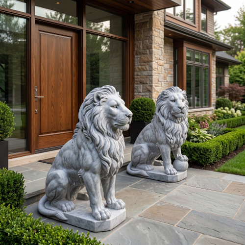 Pair Black Grey Stone Sitting Lions 47 Inches High
