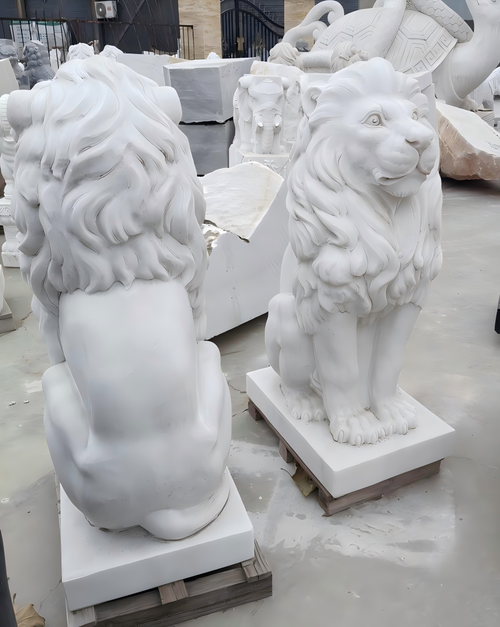 Pair White Marble Sitting Lions 45 Inches High Vendor Image