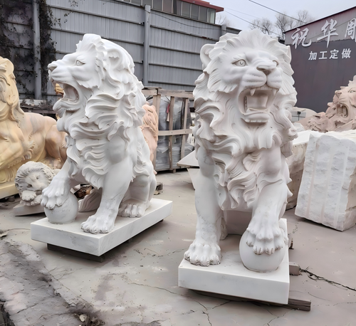 Pair White Marble Lions with Ball 55 Inches High Vendor Image