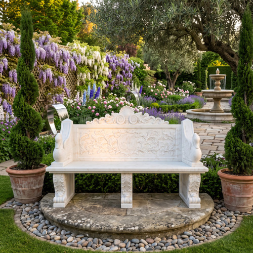 Ornate Floral White Marble Garden Bench White Marble L80.7"*H53.5"*W23.6"