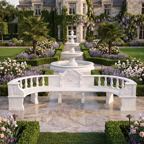 Curved Balustrade White Marble Garden Bench White Marble L196.8"*H51.2"