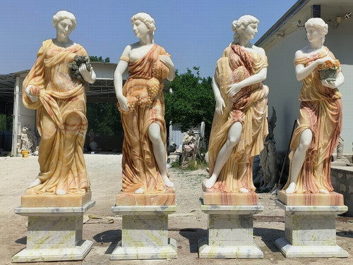 Classical Four Seasons Multicolor Marble Statues on Pedestals  Set of 4 Multi Color Marble H70.9"        Stand:H17.7" Vendor Image