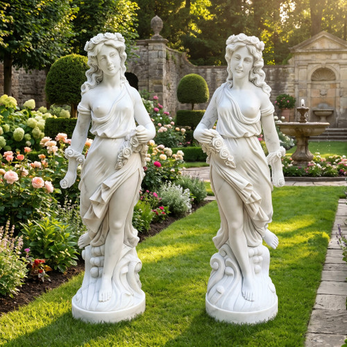 Classical Floral Maiden White Marble Garden Statues  Set of 2 White Marble H66"