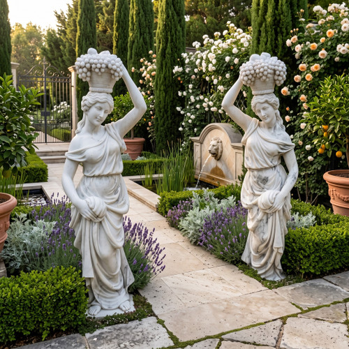 Classical Grape Harvest Maidens White Marble Statues  Set of 2 White Marble H67"