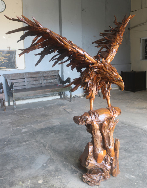 Majestic Wings Teak Eagle Sculpture on Stand