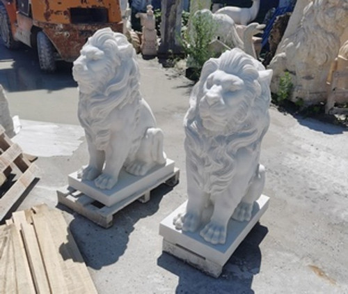 Pair White Marble Lion Statues