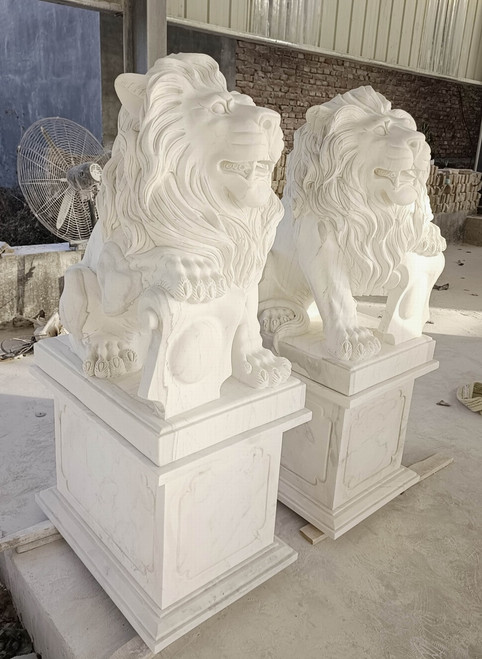 Pair White Marble Lions on Bases