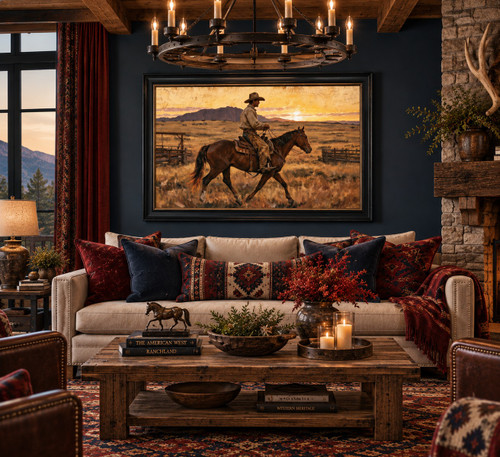 Framed Cowboy at Sunset Giclee