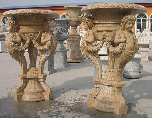 Pair Beige Marble Urns