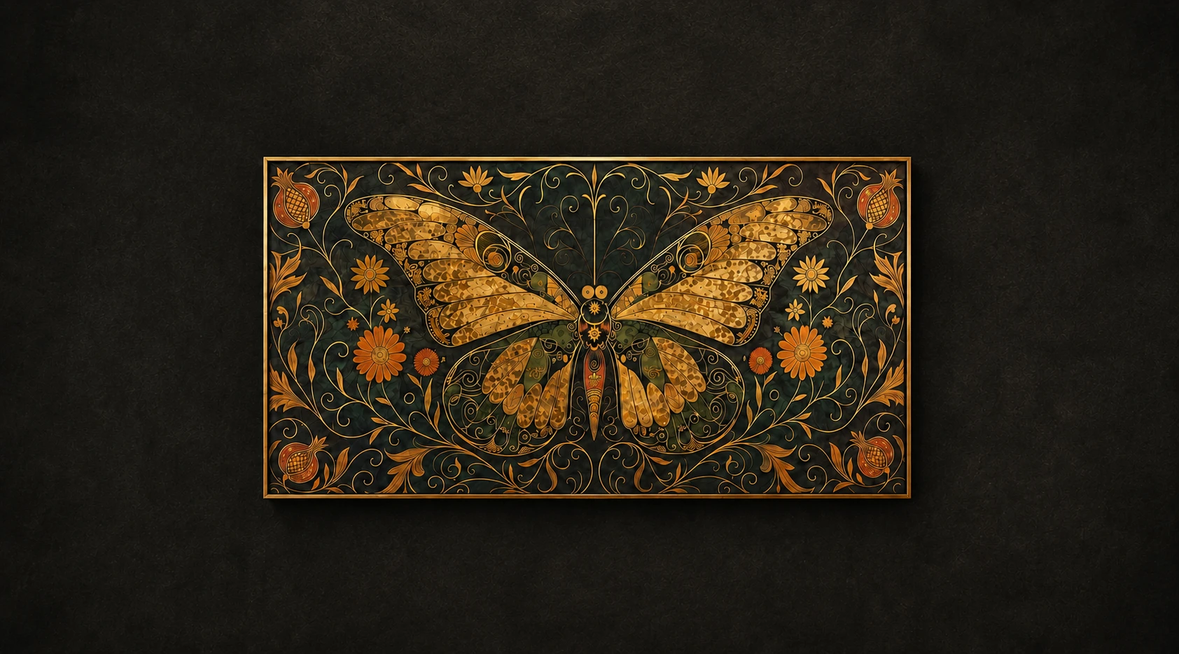 Decorative gold butterfly artwork surrounded by botanical details