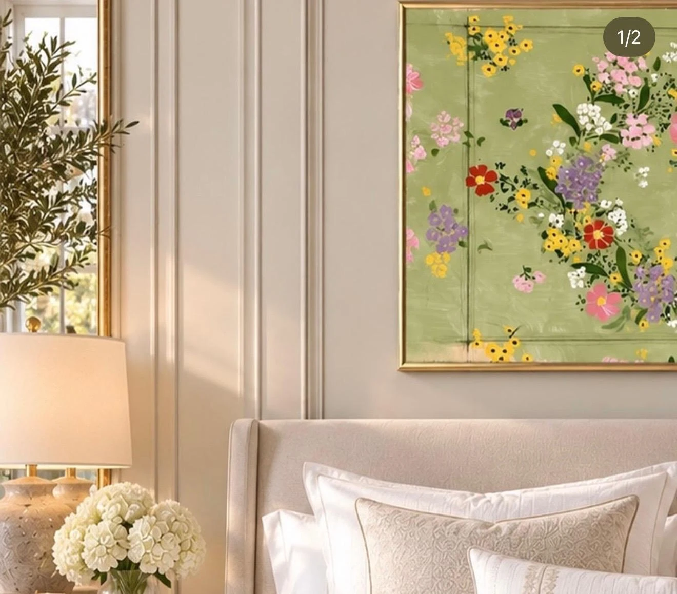 Fresh floral artwork styled in a soft neutral bedroom