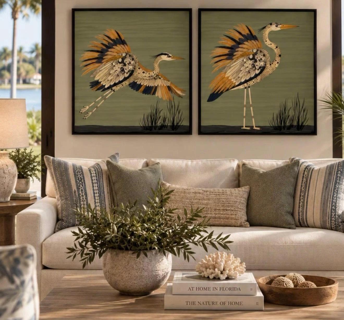 Framed bird artwork styled above an elegant neutral sofa